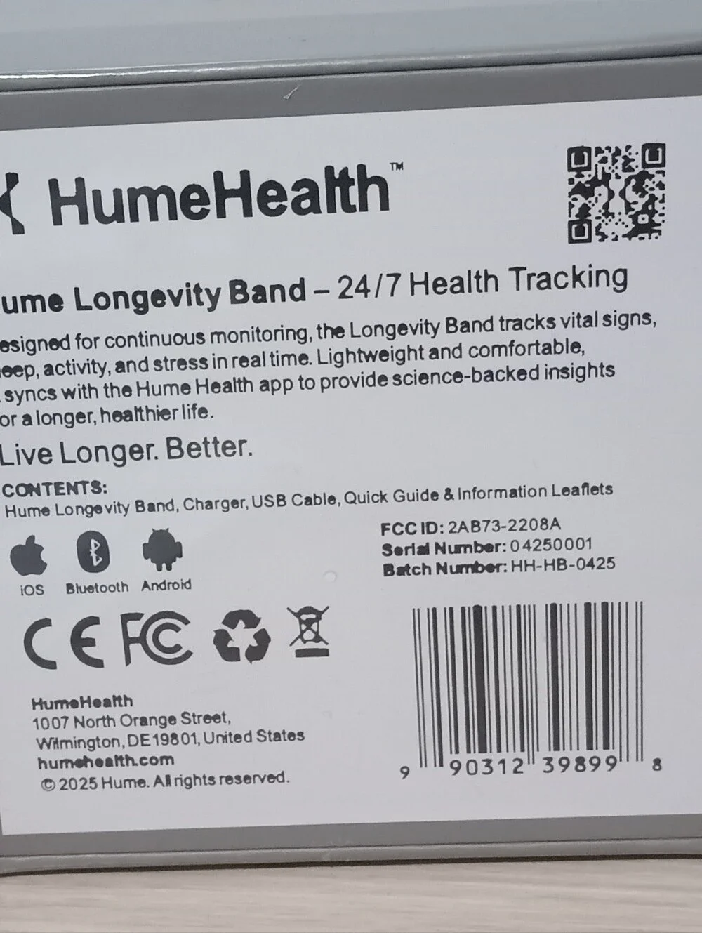 Humehealth Longevity Band - Black Fitness & Health Tracker